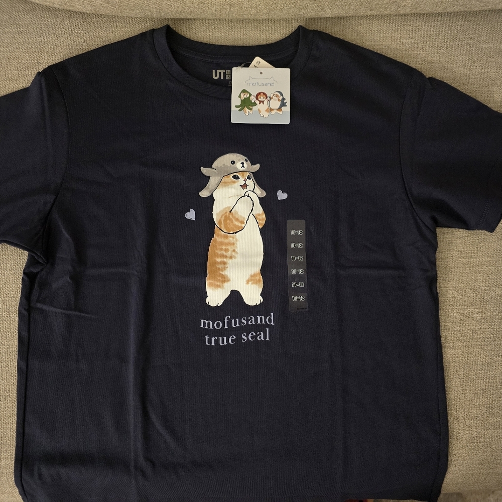 Cute Mofusand Dark Blue Seal Cotton T-Shirt Uniqlo Kid Size 11&12 Women Small